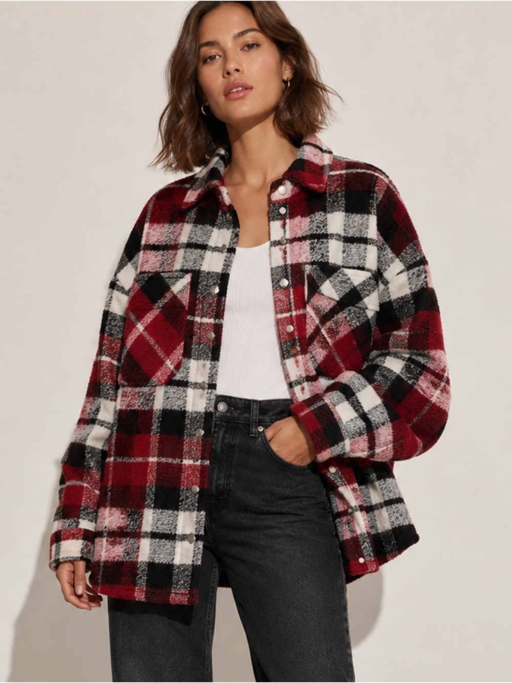 ZARA Oversized Plaid Jacket Red Black Cozy Fall Size M
